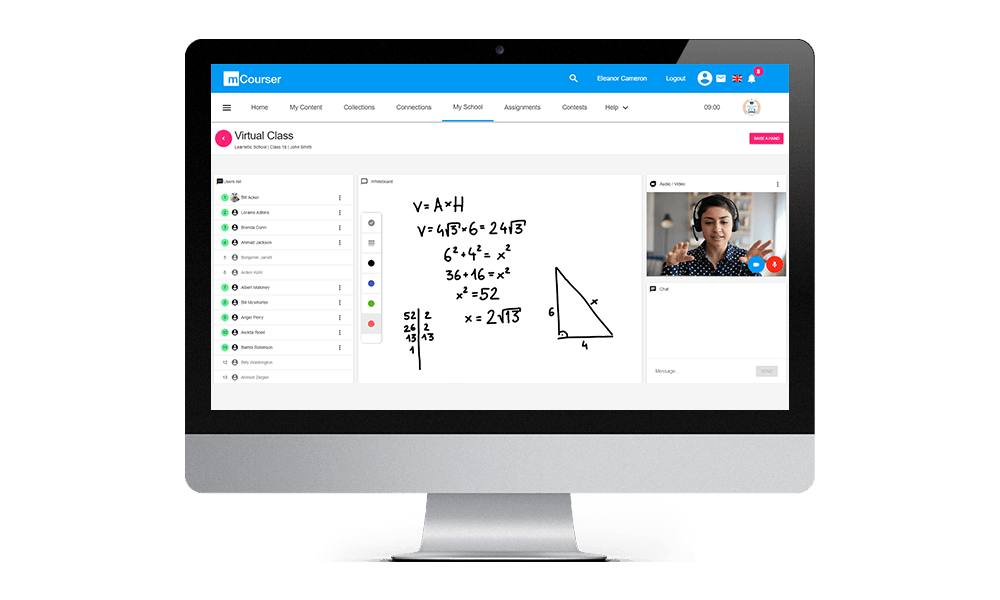 Teacher learning live wideo math lesson on mCourser platform. She is explaining on the virtual whiteboard how to find the area of triangle